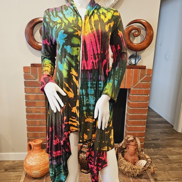 TIE DYE Grn S. Rayon Stretchy L/S Cardigan OS NEW - Picture 6 of 8